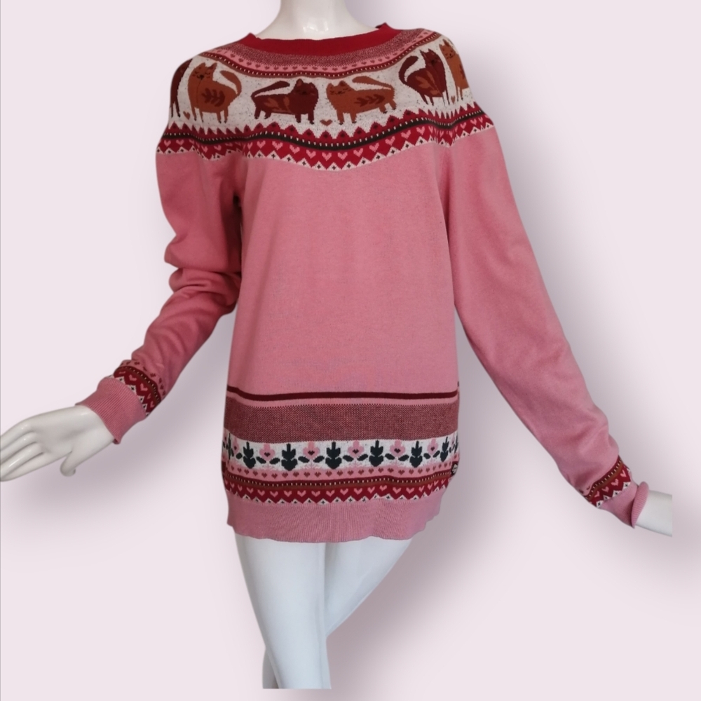 Souris Mini Pink Fair Isle Crewneck Sweater with Woodland Motif M